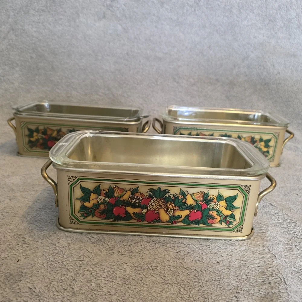 3 Vintage PYREX 213 Glass Loaf Pan & 1981 Teleflora Tin Metal Holder USA England